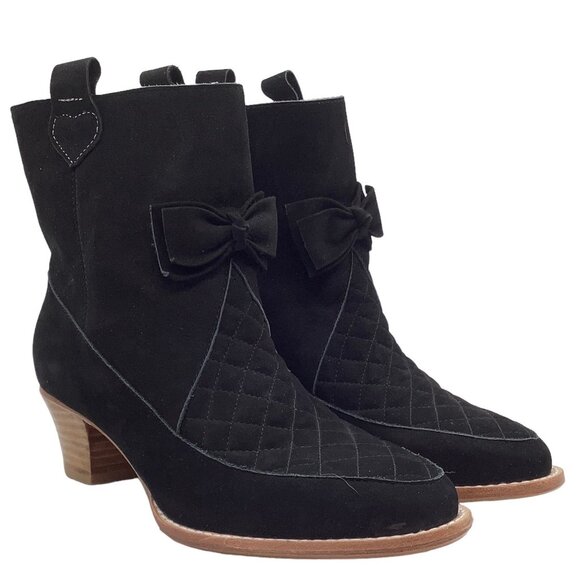 F TROUPE London 37 Quilted Suede Heeled Boots US 6.5 - 7 Bow Ankle Block Heel - Picture 1 of 10
